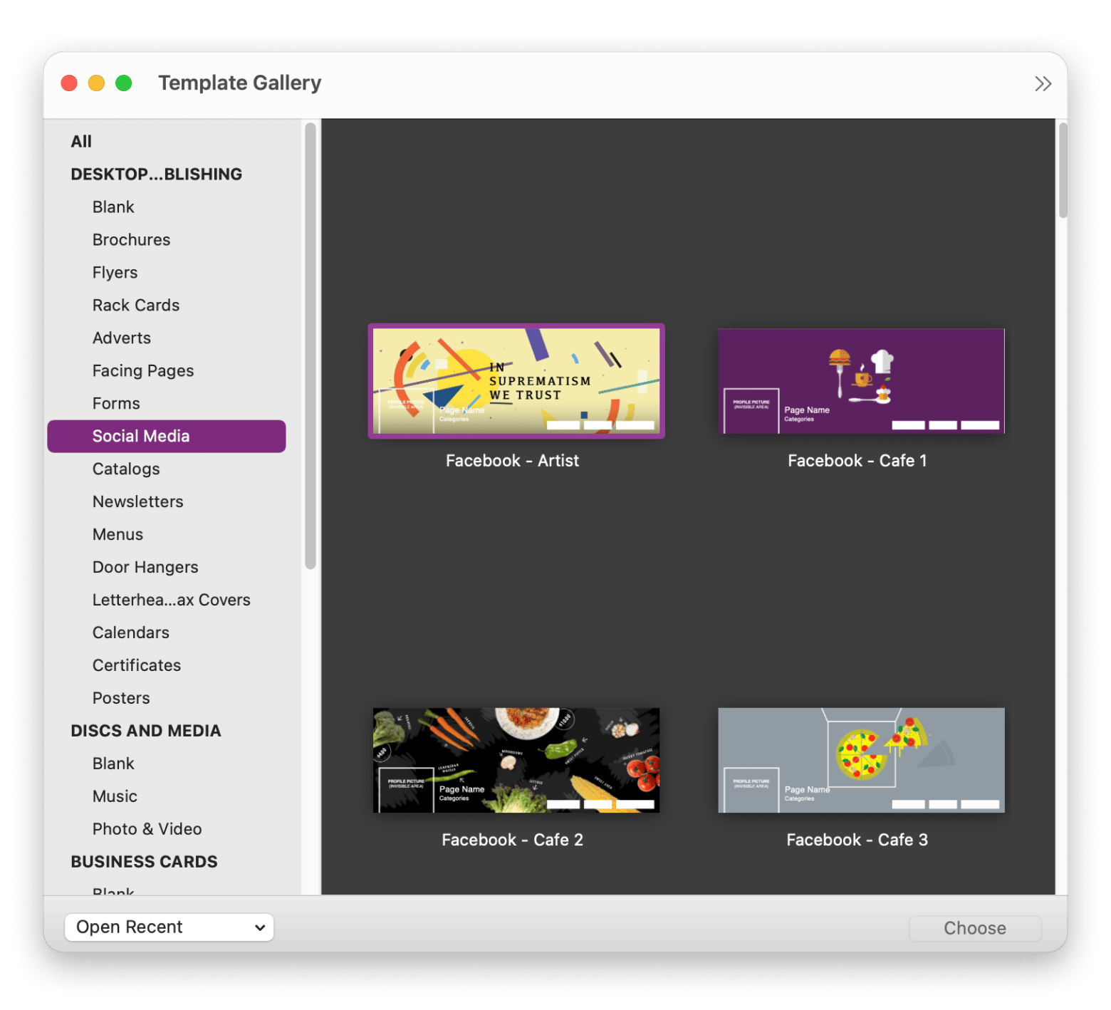 The start window of Swift Publisher, a desktop publisher on Mac, that is available on Setapp.